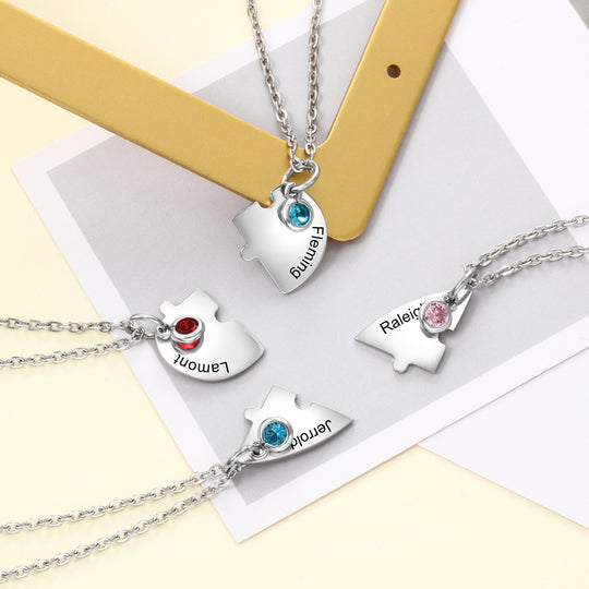 Personalized Heart Puzzle Necklace Custom 4 Birthstones Family Necklace