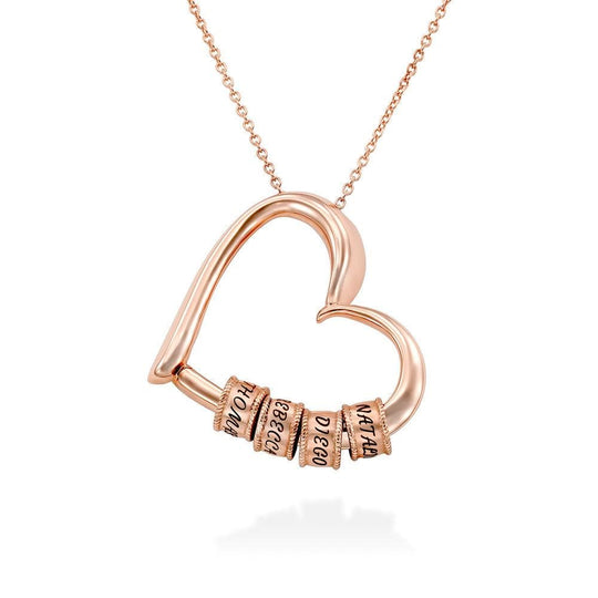Charming Heart Necklace with Engraved Beads Rose Gold Mom Necklace MelodyNecklace