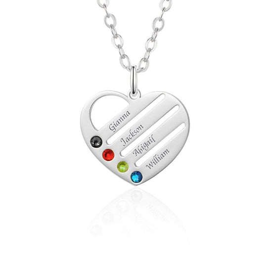 Christmas Gift Birthstone Heart Necklace with Engraved Names Silver Mom Necklace MelodyNecklace