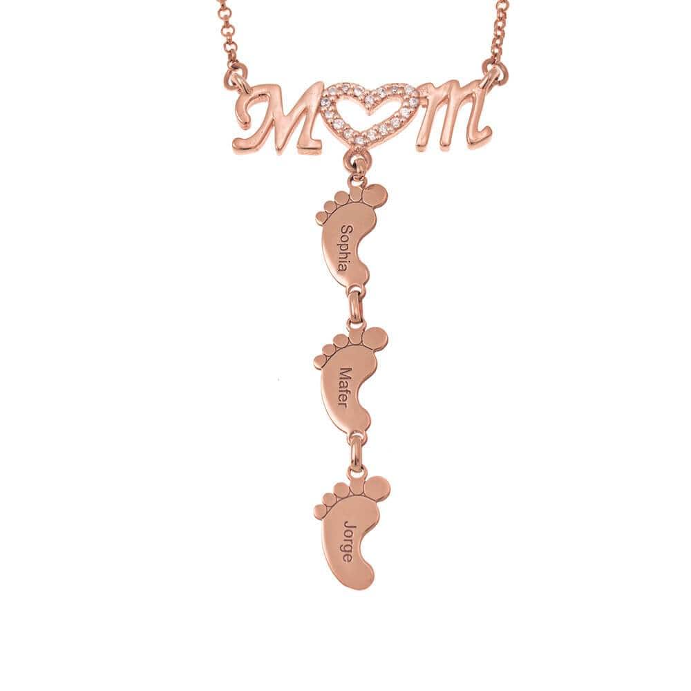 Christmas Gift Diamond Mom Necklace With Baby Feet 18K Rose Gold Plated / Stainless Steel Mom Necklace MelodyNecklace