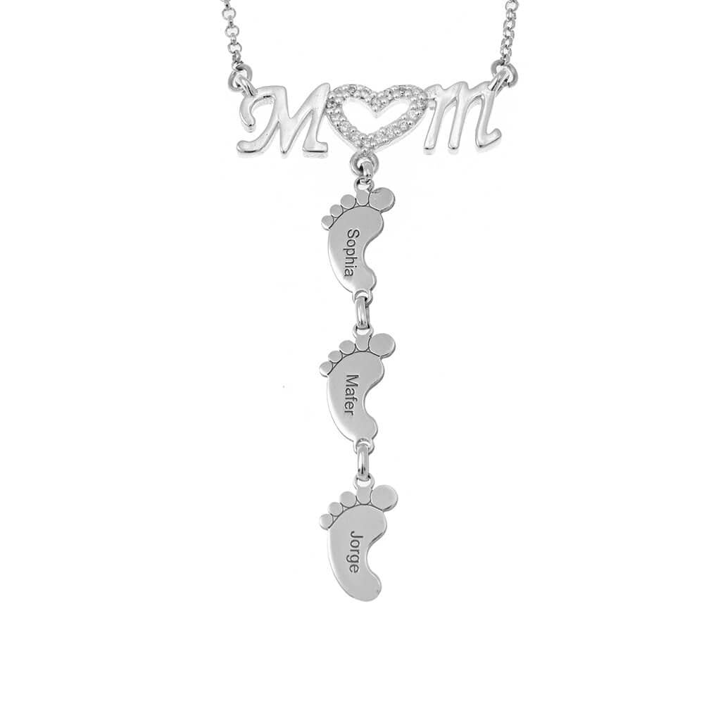 Christmas Gift Diamond Mom Necklace With Baby Feet Silver Plated / Stainless Steel Mom Necklace MelodyNecklace