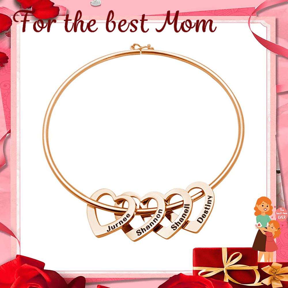 Christmas Gift Family Bangle Bracelet with Heart Shape Pendants 925 Sterling silver-Rose gold / Butterfly Bracelet For Woman GG