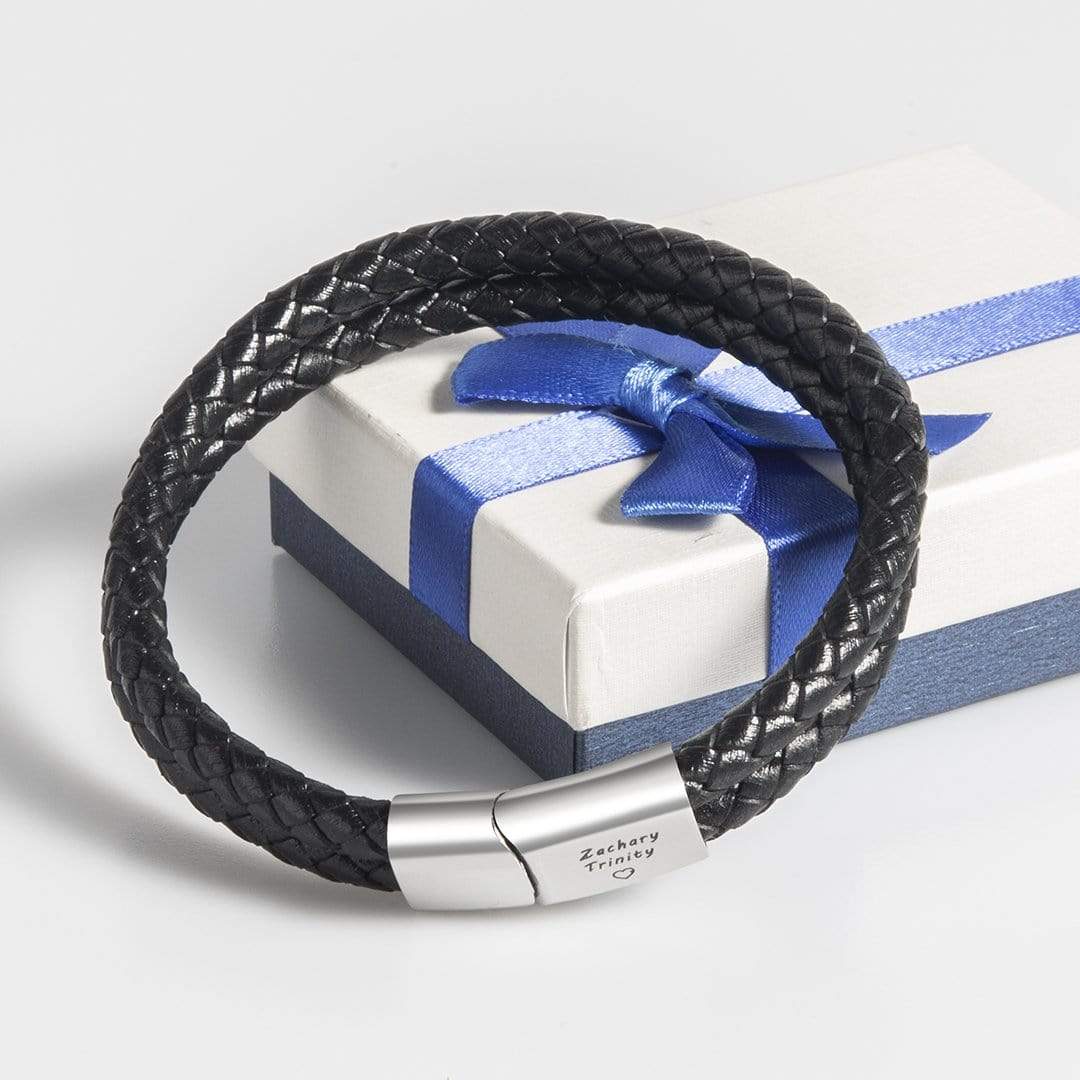 Christmas Gift for Dad Engraved Bracelet for Men with Black Leather Bracelet For Man MelodyNecklace