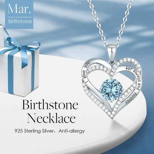 Christmas Gift Forever Love Heart Women Necklace Birthstone Pendant Necklace March - Aquamarine Necklace MelodyNecklace
