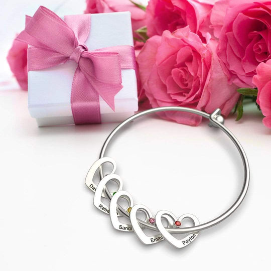 Christmas Gift Heart Charm Bangle with Personalized Birthstones and Names Bracelet For Woman GG