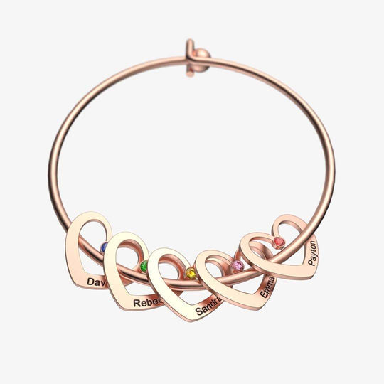 Christmas Gift Heart Charm Bangle with Personalized Birthstones and Names Rose Gold Bracelet For Woman GG