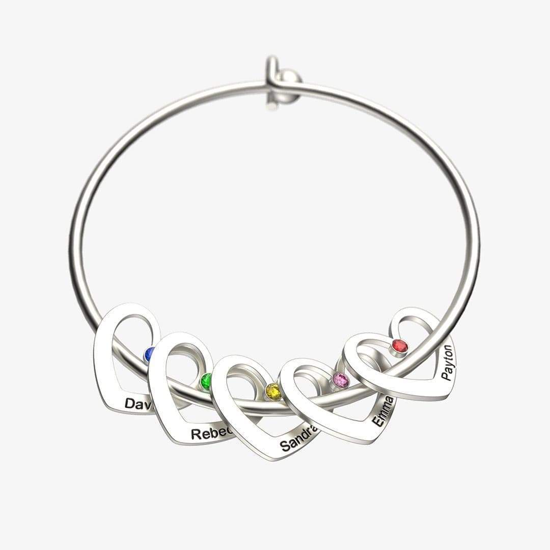 Christmas Gift Heart Charm Bangle with Personalized Birthstones and Names Silver Bracelet For Woman GG