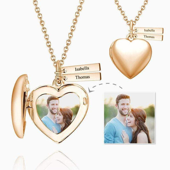 Christmas Gift Heart Shape Photo Locket Necklace With Two Engraved Bars Gold Necklace MelodyNecklace