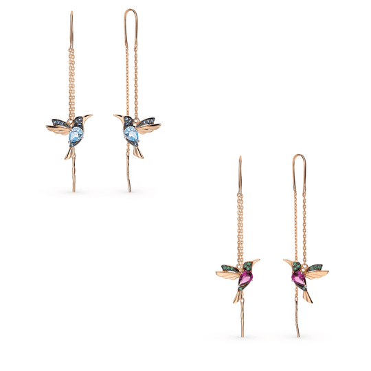 Christmas Gift Ladies Elegant Hummingbird Rhinestone Stud Earrings 1 RUBY + 1 SAPPHIRE Earring MelodyNecklace
