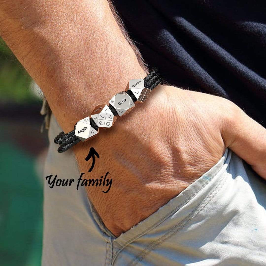 Christmas Gift Men's Braided Leather Bracelet With Polyhedral Custom Beads Silver Plating / Silver Bracelet For Man MelodyNecklace