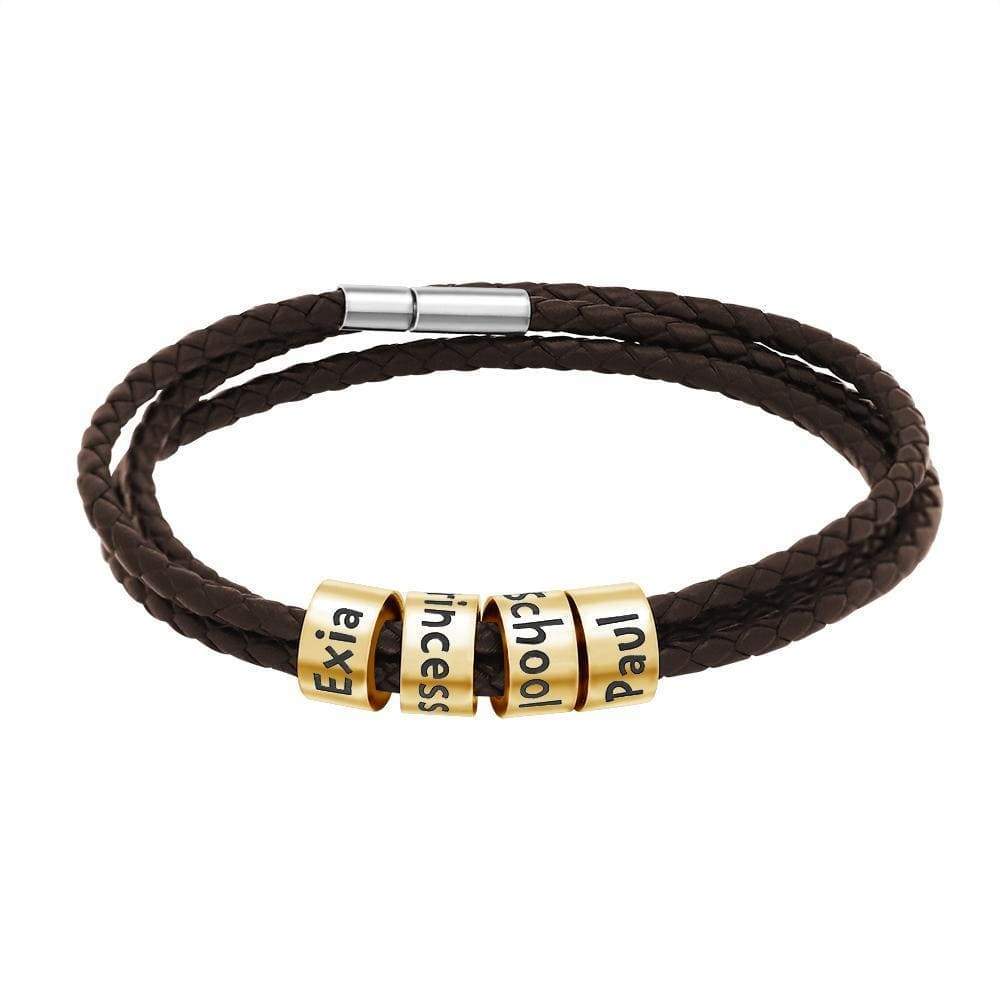 Christmas Gift Men's Leather Bracelet with Small Custom Beads Titanium steel / Gold / Brown Bracelet For Man MelodyNecklace