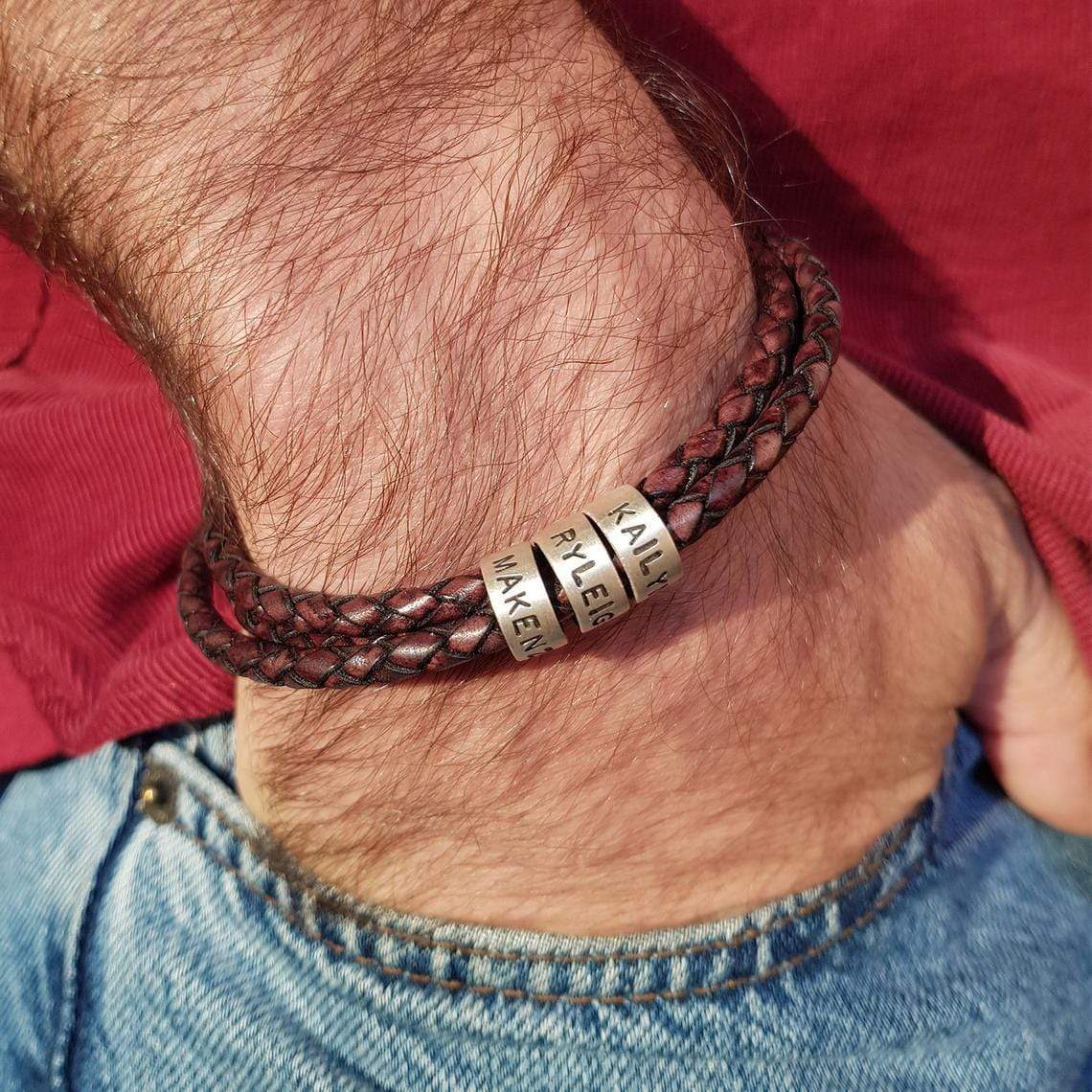 Christmas Gift Men's Leather Bracelet with Small Custom Beads Titanium steel / Silver / Brown Bracelet For Man MelodyNecklace
