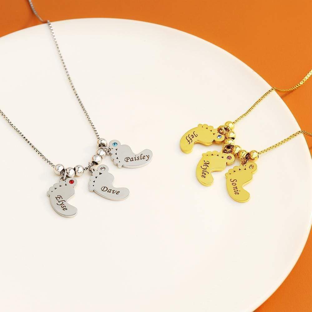 Christmas Gift Personalized Baby Feet Pendant Birthstone Necklace with Names Mom Necklace MelodyNecklace