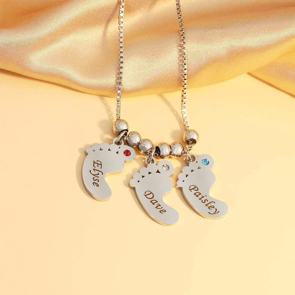 Christmas Gift Personalized Baby Feet Pendant Birthstone Necklace with Names Mom Necklace MelodyNecklace