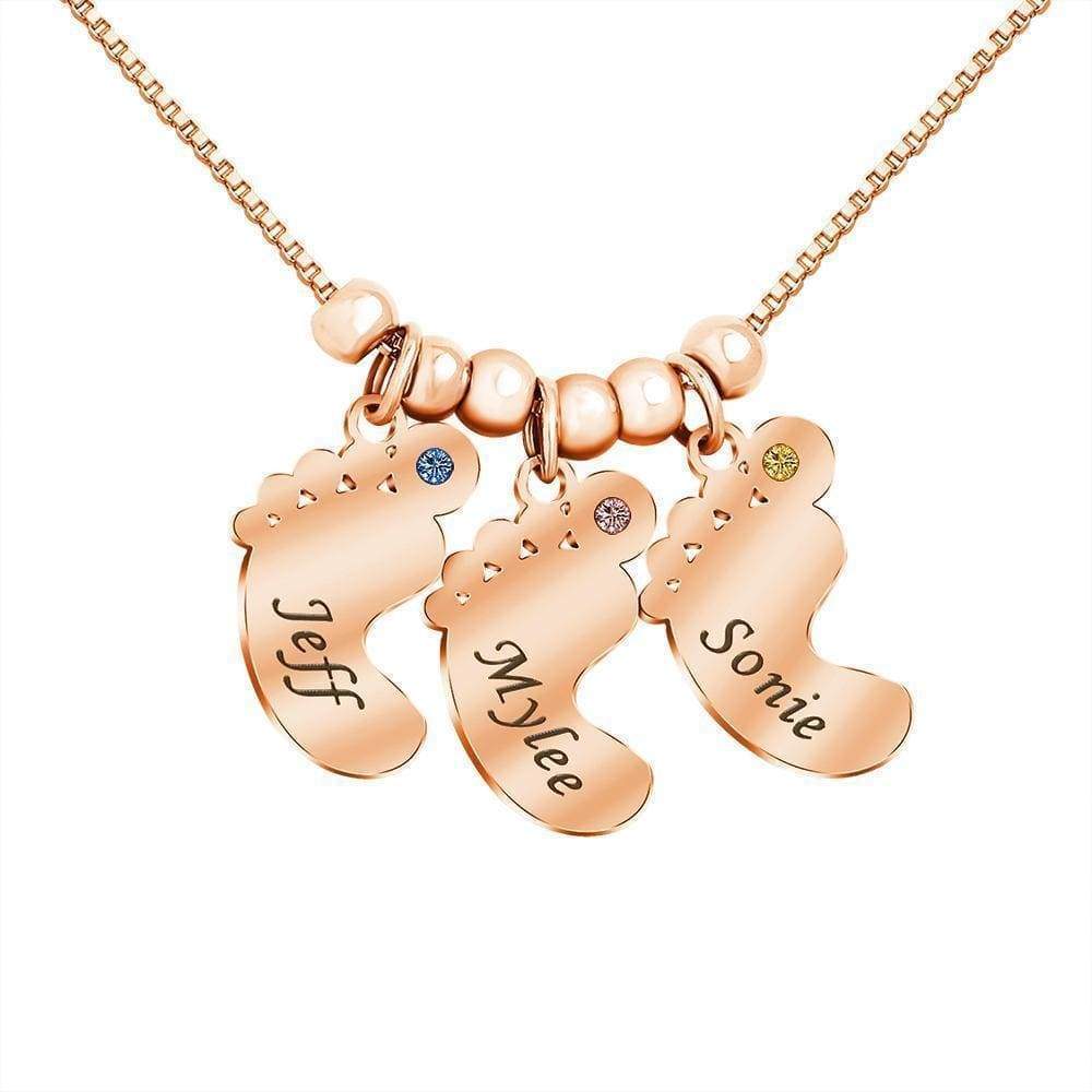 Christmas Gift Personalized Baby Feet Pendant Birthstone Necklace with Names Rose Gold Mom Necklace MelodyNecklace