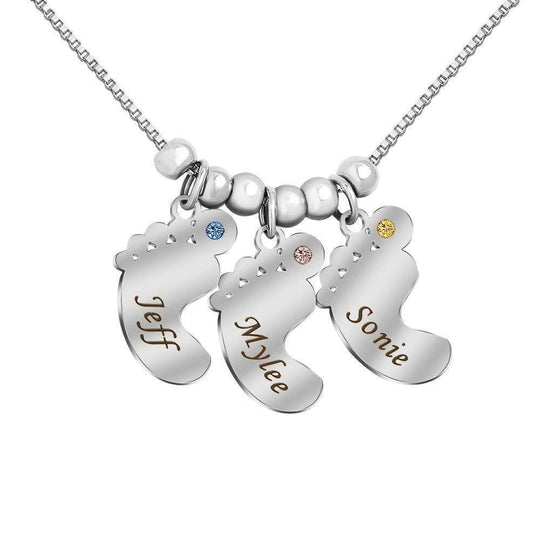 Christmas Gift Personalized Baby Feet Pendant Birthstone Necklace with Names Silvery Mom Necklace MelodyNecklace