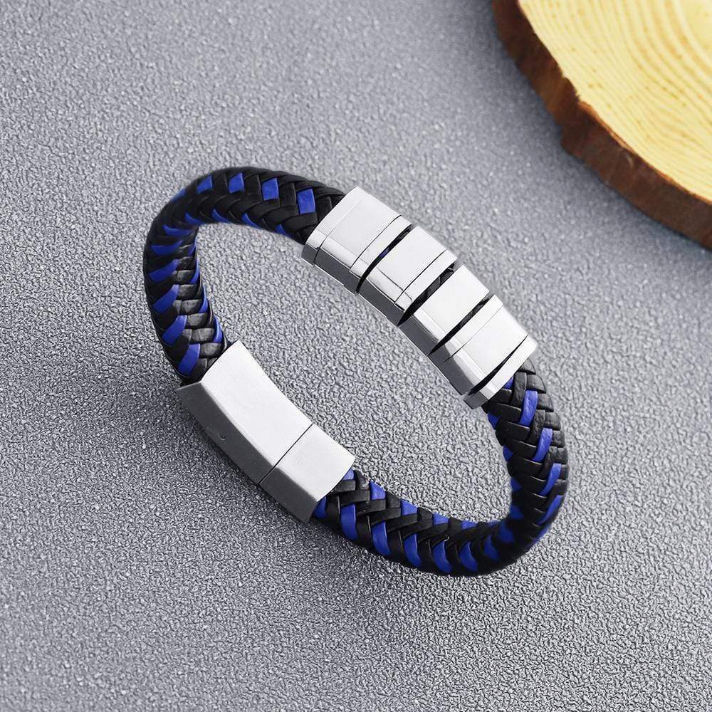 Christmas Gift Personalized Blue and Black Braided Leather Bracelet with custom beads Silver Plated Bracelet For Man MelodyNecklace