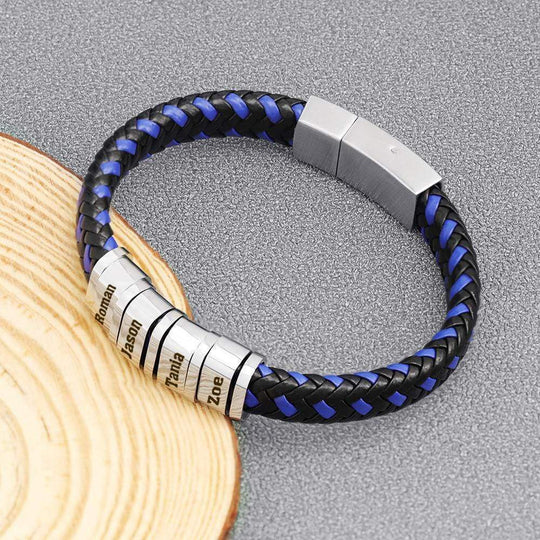Christmas Gift Personalized Blue and Black Braided Leather Bracelet with custom beads Silver Plated Bracelet For Man MelodyNecklace