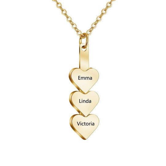 Christmas Gift Personalized Family Names With Three Hearts Pendant Necklace-Free engraving Gold Mom Necklace MelodyNecklace