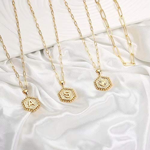 Dainty Double Side Layered Hammered Hexagon Initial Necklaces for Women Paperclip Chain Choker Initial Necklace MelodyNecklace