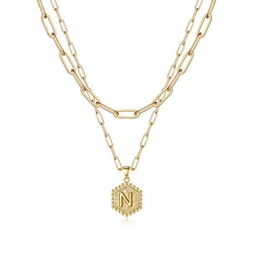 Dainty Double Side Layered Hammered Hexagon Initial Necklaces for Women Paperclip Chain Choker N Initial Necklace MelodyNecklace