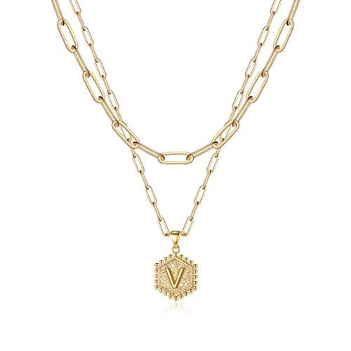Dainty Layered Initial Necklaces for Women Paperclip Chain Choker V Visit the M MOOHAM Store