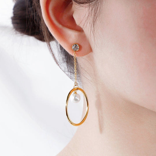 Diamond Hanging Pearl Hoop Earrings Gold Earring MelodyNecklace