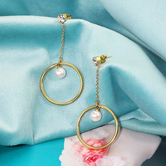 Diamond Hanging Pearl Hoop Earrings Gold Earring MelodyNecklace