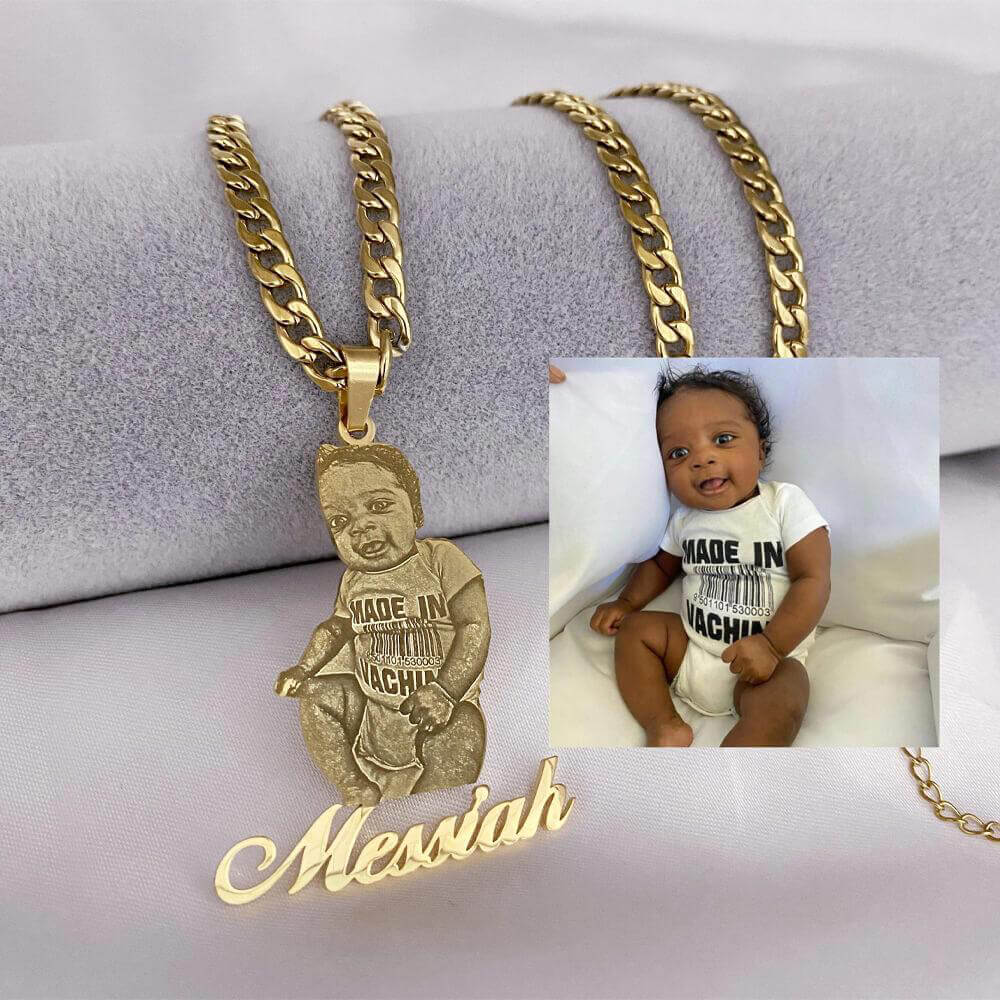 Father's Day Gift Custom Photo Portrait Engraved Necklace 18K Gold Necklace for man MelodyNecklace