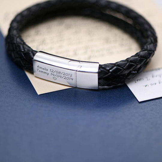 Father's Day Gift for Dad Engraved Bracelet for Men with Black Leather Bracelet For Man MelodyNecklace