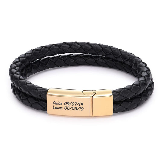 Father's Day Gift for Dad Engraved Bracelet for Men with Black Leather Bracelet For Man MelodyNecklace