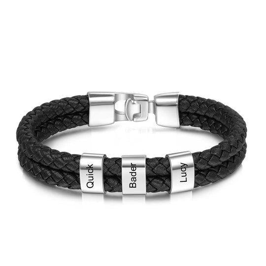 Father's Day Gift Men Leather Bracelet with Engraved Beads Custom Two Layers Bracelet Black Silver / None Bracelet For Man MelodyNecklace