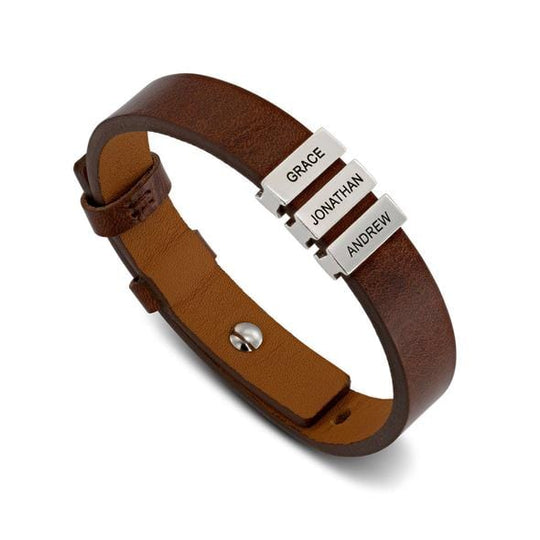 Father's day gift-Men's Leather Bracelet with Custom Silver Beads Stainless Steel / Brown Engravingift
