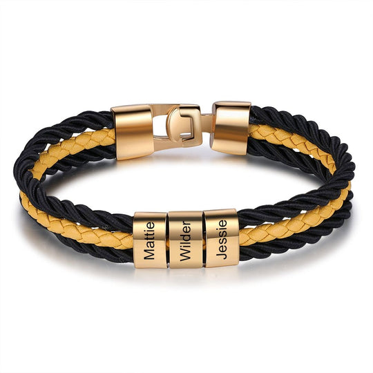 Father's Day Gift Mens Leather Bracelet Braided Layered Leather with Bead 18K Gold / Stainless Steel Engravingift