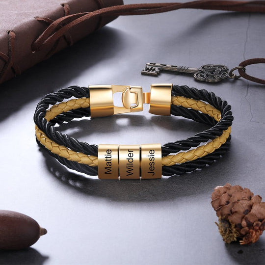 Father's Day Gift Mens Leather Bracelet Braided Layered Leather with Bead Engravingift