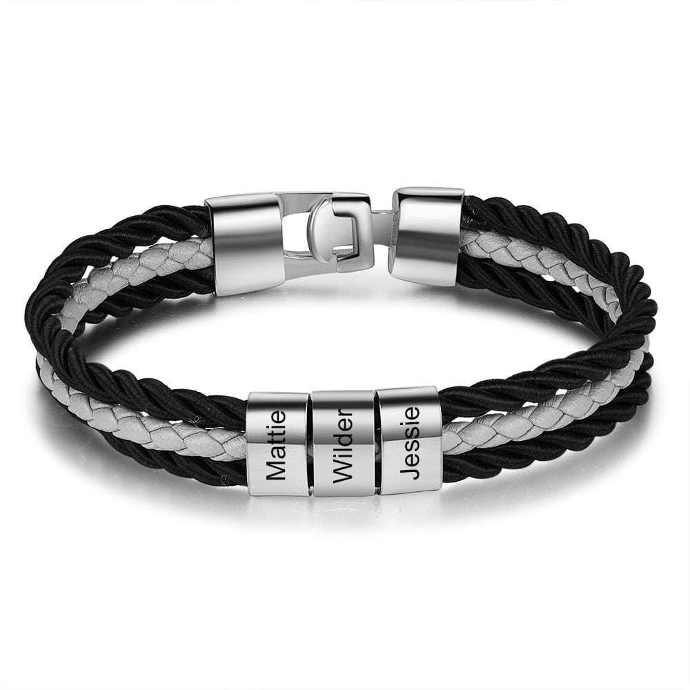 Father's Day Gift Mens Leather Bracelet Braided Layered Leather with Bead Silver / Stainless Steel Engravingift