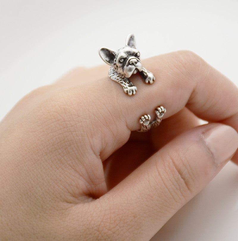 French Bull Dog Wrap Ring Silver Ring MelodyNecklace