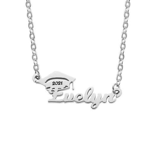 Graduation Gift Personalized Bachelor Cap Name Necklace Sterling Silver Stainless steel / Silver Myron Necklace MelodyNecklace