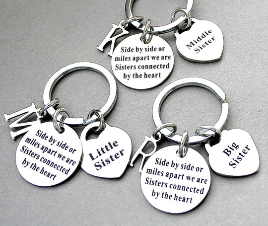Side By Side Or Miles Apart We Are Sisters Connected By The Heart Sisters Keychain Initial Little Big Middle Sisters,