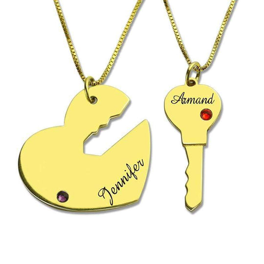 Key to My Heart Couple Necklaces Set of 2 Names Pendant 18K Gold Plated Silver 925 ideaplus