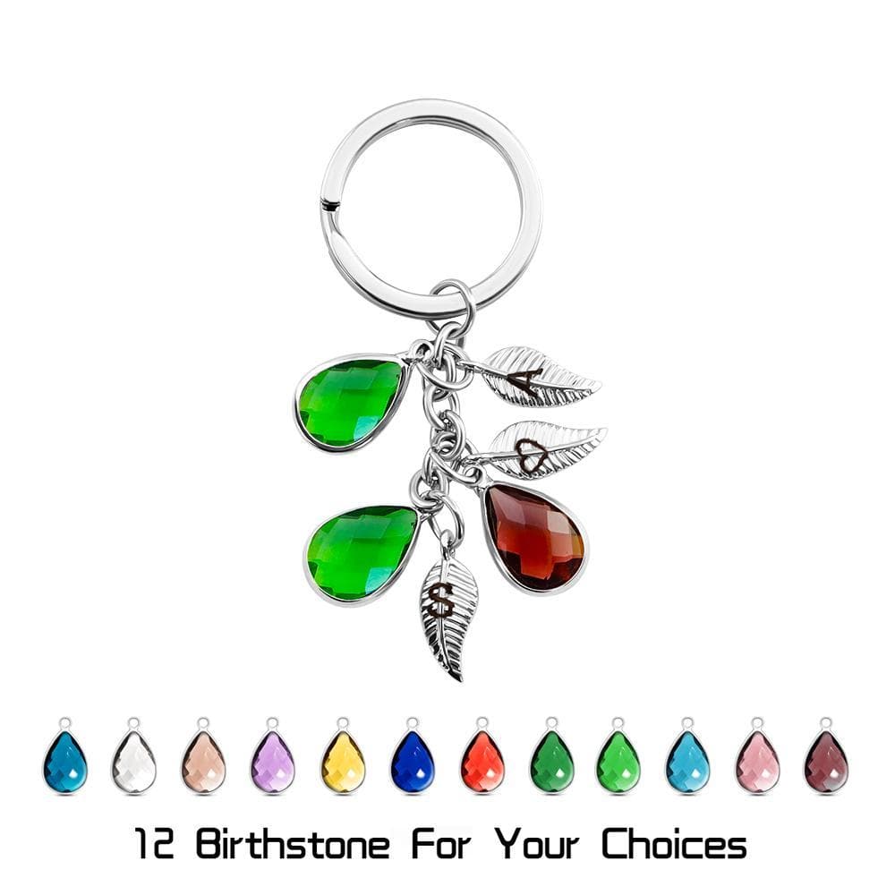 Leaf Keychain With Personalized Letters and Birthstones Keychain MelodyNecklace