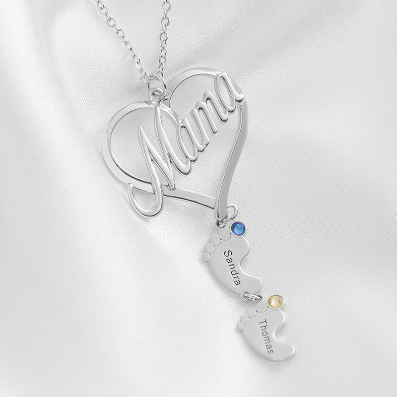 Mother's Day Gift Mama Heart Pendant With Birthstone Baby Feet Necklace