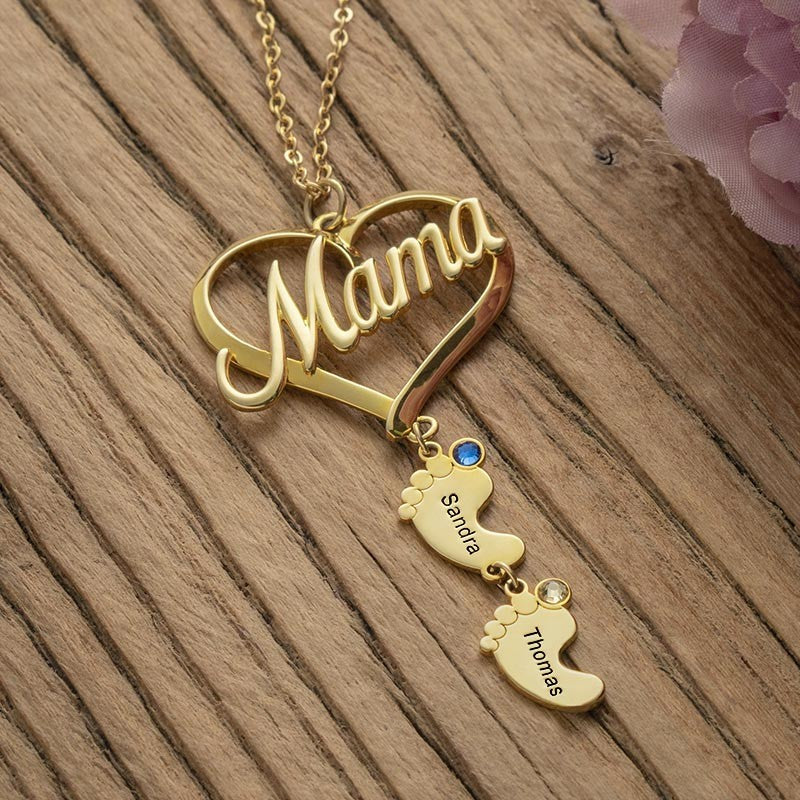 Mama Heart Pendant With Birthstone Baby Feet Necklace