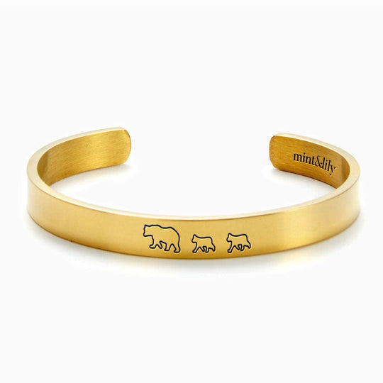 Mama Bear & Her Baby Bears Engraved Personalizable Cuff Bracelet 18k Gold Plated / Mama + 2 Cubs Bracelet For Woman MelodyNecklace