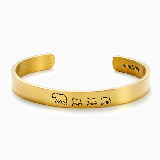 Mama Bear & Her Baby Bears Engraved Personalizable Cuff Bracelet 18k Gold Plated / Mama + 3 Cubs Bracelet For Woman MelodyNecklace