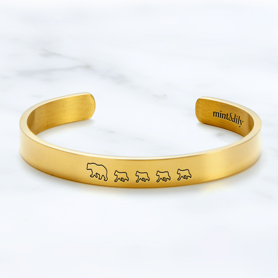 Mama Bear & Her Baby Bears Engraved Personalizable Cuff Bracelet 18k Gold Plated / Mama + 4 Cubs Bracelet For Woman MelodyNecklace