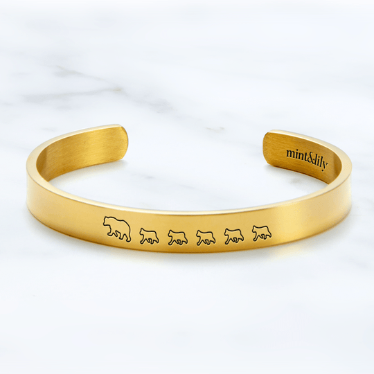 Mama Bear & Her Baby Bears Engraved Personalizable Cuff Bracelet 18k Gold Plated / Mama + 5 Cubs Bracelet For Woman MelodyNecklace