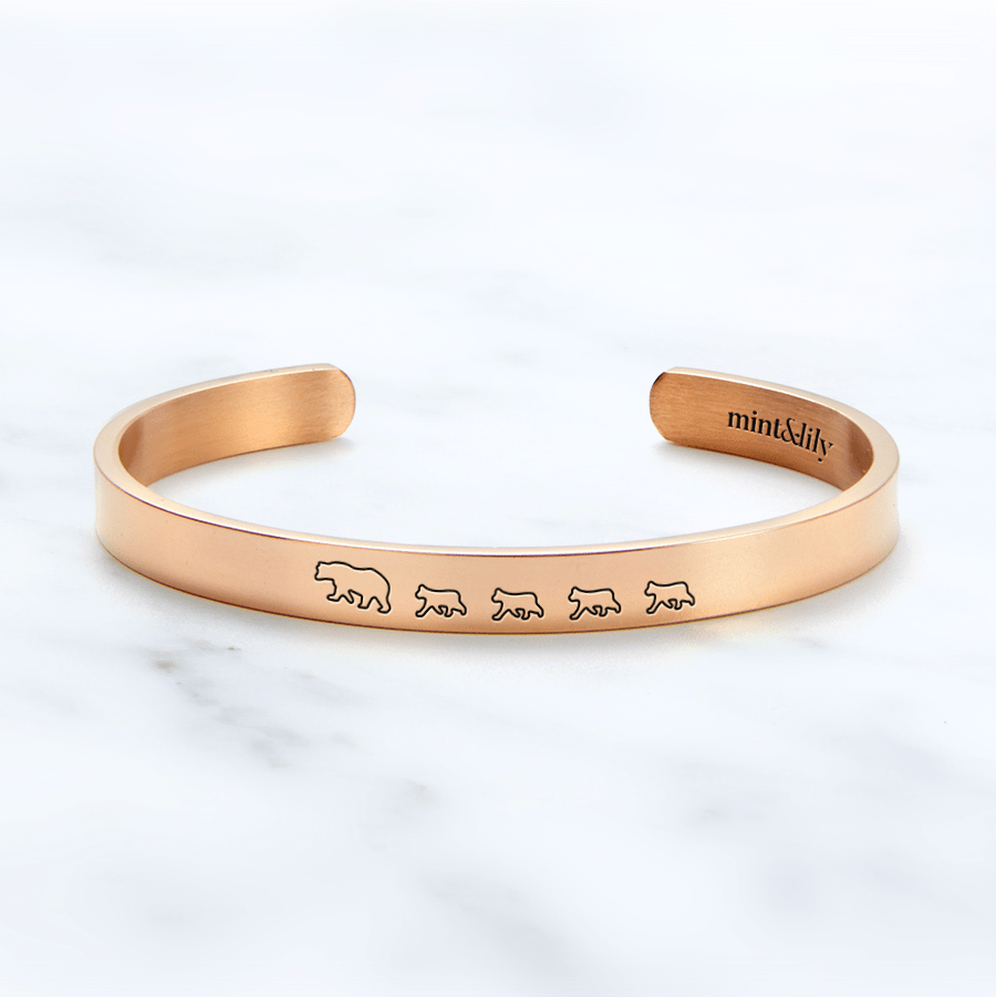 Mama Bear & Her Baby Bears Engraved Personalizable Cuff Bracelet 18k Rose Gold Plated / Mama + 4 Cubs Bracelet For Woman MelodyNecklace