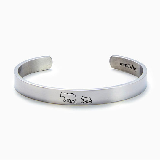 Mama Bear & Her Baby Bears Engraved Personalizable Cuff Bracelet Silver / Mama + 1 Cub Cuff Bracelet Mint & Lily