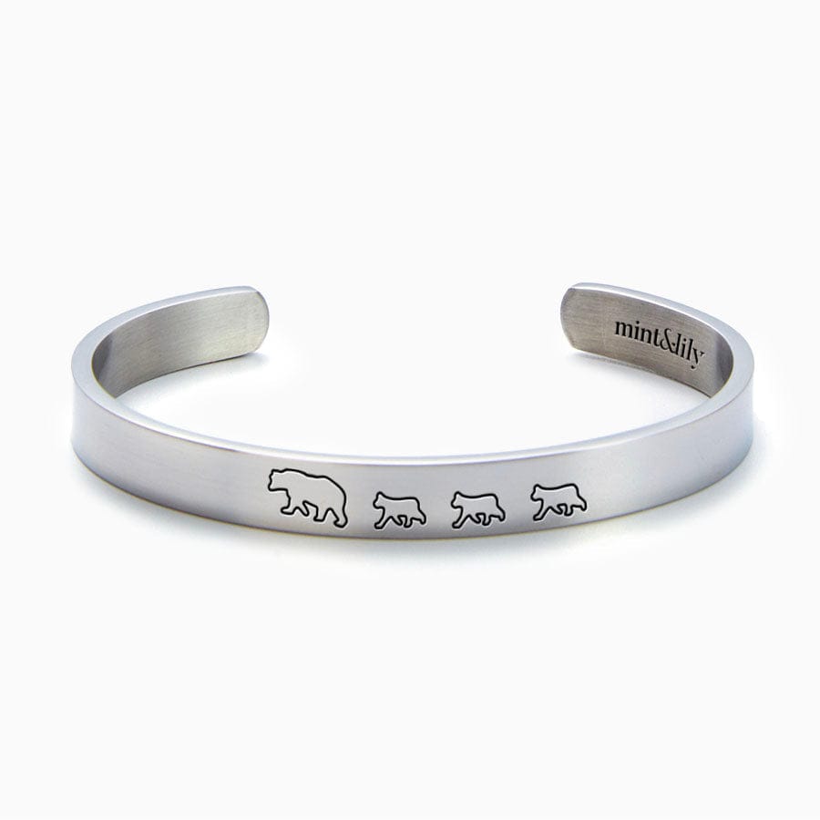 Mama Bear & Her Baby Bears Engraved Personalizable Cuff Bracelet Silver / Mama + 3 Cubs / Standard Cuff Bracelet Mint & Lily